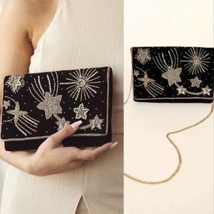 NEW Black Velvet Beaded Crossbody Clutch 9"x6"